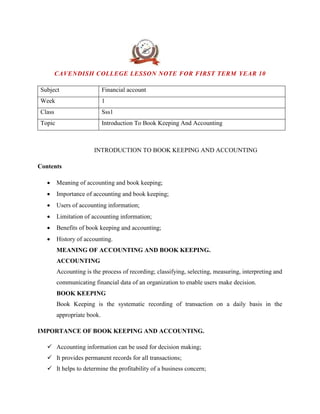 CAVENDISH COLLEGE LESSON NOTE FOR FINANCIAL ACCOUNTING FOR FIRST ...