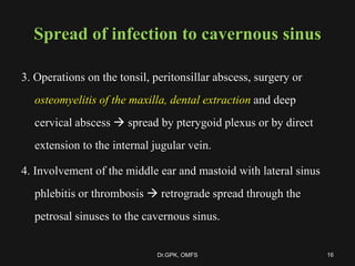 Spread of infection to cavernous sinus
3. Operations on the tonsil, peritonsillar abscess, surgery or
osteomyelitis of the maxilla, dental extraction and deep
cervical abscess  spread by pterygoid plexus or by direct
extension to the internal jugular vein.
4. Involvement of the middle ear and mastoid with lateral sinus
phlebitis or thrombosis  retrograde spread through the
petrosal sinuses to the cavernous sinus.
16Dr.GPK, OMFS
 