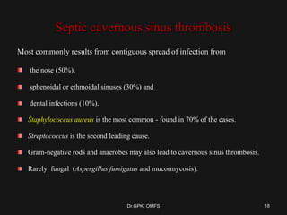 Septic cavernous sinus thrombosis
Most commonly results from contiguous spread of infection from
the nose (50%),
sphenoidal or ethmoidal sinuses (30%) and
dental infections (10%).
Staphylococcus aureus is the most common - found in 70% of the cases.
Streptococcus is the second leading cause.
Gram-negative rods and anaerobes may also lead to cavernous sinus thrombosis.
Rarely fungal (Aspergillus fumigatus and mucormycosis).
18Dr.GPK, OMFS
 