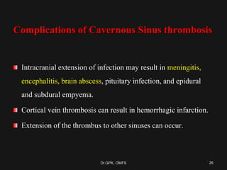 Complications of Cavernous Sinus thrombosis
Intracranial extension of infection may result in meningitis,
encephalitis, brain abscess, pituitary infection, and epidural
and subdural empyema.
Cortical vein thrombosis can result in hemorrhagic infarction.
Extension of the thrombus to other sinuses can occur.
26Dr.GPK, OMFS
 