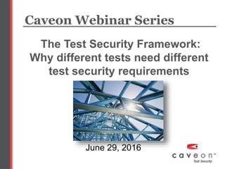 The Test Security Framework:
Why different tests need different
test security requirements
June 29, 2016
Caveon Webinar Series
 