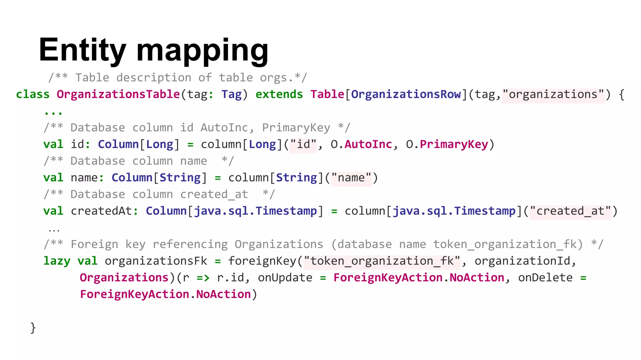 Entity mapping 
/** Table description of table orgs.*/ 
class OrganizationsTable(tag: Tag) extends Table[OrganizationsRow](tag,"organizations") { 
... 
/** Database column id AutoInc, PrimaryKey */ 
val id: Column[Long] = column[Long]("id", O.AutoInc, O.PrimaryKey) 
/** Database column name */ 
val name: Column[String] = column[String]("name") 
/** Database column created_at */ 
val createdAt: Column[java.sql.Timestamp] = column[java.sql.Timestamp]("created_at") 
… 
/** Foreign key referencing Organizations (database name token_organization_fk) */ 
lazy val organizationsFk = foreignKey("token_organization_fk", organizationId, 
Organizations)(r => r.id, onUpdate = ForeignKeyAction.NoAction, onDelete = 
ForeignKeyAction.NoAction) 
} 
 