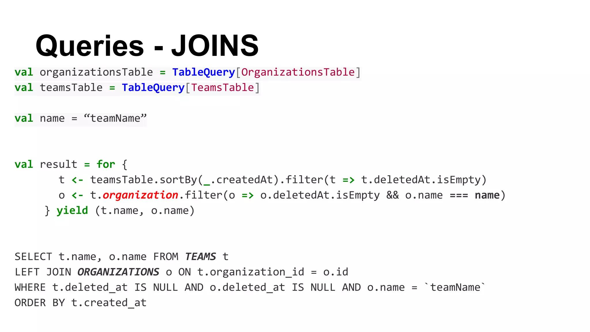 Queries - JOINS 
val organizationsTable = TableQuery[OrganizationsTable] 
val teamsTable = TableQuery[TeamsTable] 
val name = “teamName” 
val result = for { 
t <- teamsTable.sortBy(_.createdAt).filter(t => t.deletedAt.isEmpty) 
o <- t.organization.filter(o => o.deletedAt.isEmpty && o.name === name) 
} yield (t.name, o.name) 
SELECT t.name, o.name FROM TEAMS t 
LEFT JOIN ORGANIZATIONS o ON t.organization_id = o.id 
WHERE t.deleted_at IS NULL AND o.deleted_at IS NULL AND o.name = `teamName` 
ORDER BY t.created_at 
 