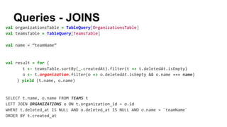 Queries - JOINS 
val organizationsTable = TableQuery[OrganizationsTable] 
val teamsTable = TableQuery[TeamsTable] 
val name = “teamName” 
val result = for { 
t <- teamsTable.sortBy(_.createdAt).filter(t => t.deletedAt.isEmpty) 
o <- t.organization.filter(o => o.deletedAt.isEmpty && o.name === name) 
} yield (t.name, o.name) 
SELECT t.name, o.name FROM TEAMS t 
LEFT JOIN ORGANIZATIONS o ON t.organization_id = o.id 
WHERE t.deleted_at IS NULL AND o.deleted_at IS NULL AND o.name = `teamName` 
ORDER BY t.created_at 
 