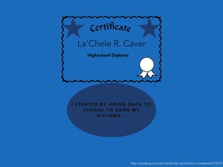 La’Chele R. Caver
http://pixabay.com/en/certificate-certification-credential-31872/
Highschool Diploma
I S TA RT E D B Y G O I N G B A C K T O
S C H O O L T O E A R N M Y
D I P L O M A …
 