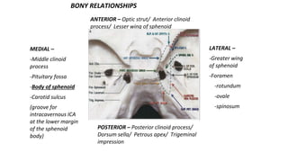 BONY RELATIONSHIPS
MEDIAL –
-Middle clinoid
process
-Pituitary fossa
-Body of sphenoid
-Carotid sulcus
(groove for
intracavernous ICA
at the lower margin
of the sphenoid
body)
ANTERIOR – Optic strut/ Anterior clinoid
process/ Lesser wing of sphenoid
LATERAL –
-Greater wing
of sphenoid
-Foramen
-rotundum
-ovale
-spinosum
POSTERIOR – Posterior clinoid process/
Dorsum sella/ Petrous apex/ Trigeminal
impression
 