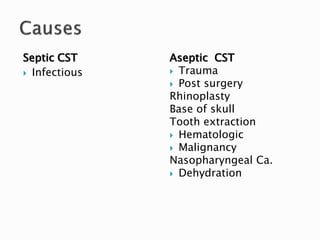Septic CST
 Infectious
Aseptic CST
 Trauma
 Post surgery
Rhinoplasty
Base of skull
Tooth extraction
 Hematologic
 Malignancy
Nasopharyngeal Ca.
 Dehydration
 