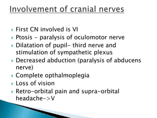  First CN involved is VI
 Ptosis - paralysis of oculomotor nerve
 Dilatation of pupil- third nerve and
stimulation of sympathetic plexus
 Decreased abduction (paralysis of abducens
nerve)
 Complete opthalmoplegia
 Loss of vision
 Retro-orbital pain and supra-orbital
headache->V
 