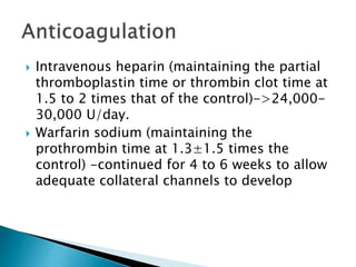  Intravenous heparin (maintaining the partial
thromboplastin time or thrombin clot time at
1.5 to 2 times that of the control)->24,000-
30,000 U/day.
 Warfarin sodium (maintaining the
prothrombin time at 1.3±1.5 times the
control) -continued for 4 to 6 weeks to allow
adequate collateral channels to develop
 