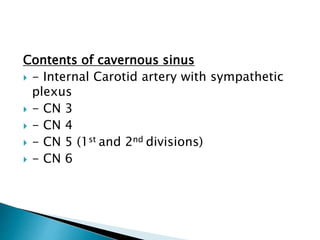 Contents of cavernous sinus
 - Internal Carotid artery with sympathetic
plexus
 - CN 3
 - CN 4
 - CN 5 (1st and 2nd divisions)
 - CN 6
 