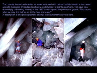The crystals formed underwater; as water saturated with calcium sulfate heated in the cavern selenite molecules crystallized and grew, undisturbed, to giant proportions. The cave was drained (by unknowing miners) in the 1980's and stopped the process of growth. Who knows what we may find further on, in the heat and water?  A description of one photographer's attempt to document this cave is here. 