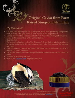 Original Caviar from Farm
                                     Raised Sturgeon fish in Italy
 Why Calvisius?
• Calvisius, the largest producer of Sturgeon, have been producing Sturgeon for
  over 25 years. This year alone 30 tons of product will be produced.
• A direct producer that ships caviar fresh from the packing facility in New Jersey.
• Friend of the Sea certified by the United Nations.
• No antibiotics.
• The second maturation cycle of the Sturgeon(7-8 years) gives a better product as
  far as size, color and taste, competitor products take the roe during the sturgeon
  first cycle.
• Each tin is labeled with all traceable information on the history of the fish from
  beginning to end production.
• The fish are handled in a completely sterile environment as seen on our 10 minute
  video.
• Available in different pack sizes.
• Please visit Calvisius.com for production video




                                                           *Available for Drop Shipment ONLY
            To order please call (800) 347-9477; Fax: (305) 592-1651 or email: order@scff.com
                Visit our website for more product info and to order online at: www.scff.com
 
