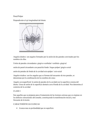 Pared Pulpar
Perpendicular al eje longitudinal del diente

Angulos diedros: son angulos formados por la unión de dos paredes convinados por los
nombres de ellas.
Unión de paredes circundantes: gingivo-vestibular/ vestíbulo- gingival
unión de pared circundante con pared de fondo: linguo pulpar/ gingivo-axial
unión de paredes de fondo de la cavidad axio-pulpar / axio-axial
Angulos triedros: son los angulos que se forman del encuentro de tres paredes, se
denominan por la combinación de los nombres de estasAngulo cavosuperficial: la unión de paredes de la cavidad con la superficie externa del
diente. Línea de unión de la superficie dentaria con el borde de la cavidad. Nos determina el
contorno de la cavidad
CLASE I
Son aquellas que se preparan para el tratamiento de las lesiones cariosas que se originan en
los defectos estructurales del esmalte, constituyendo la manifestación inicial y mas
frecuente de la lesión.
CARACTERÍSTICAS CLINICAS
 Avanza mas en profundidad que en superficie.

 