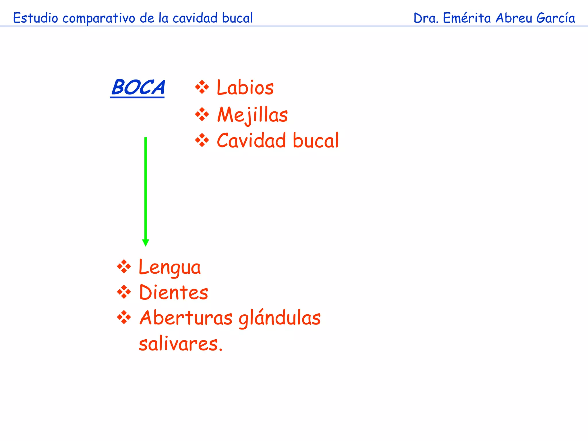 Estudio comparativo de la cavidad bucal        Dra. Emérita Abreu García




               BOCA           Labios
                              Mejillas
                              Cavidad bucal




                 Lengua
                 Dientes
                 Aberturas glándulas
                  salivares.
 