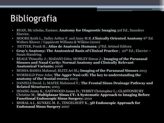 Bibliografia
• RYAN, Mc icholas, Eustace; Anatomy for Diagnostic Imaging 3rd Ed., Saunders
Elsevier,
• MOORE Keith L., Dalley Arthur F. and Anne M.R.;Clinically Oriented Anatomy 6th Ed.
Wolters Kluwer / Lippincott Williams & Wilkins (2010)
• NETTER, Frank H.; Atlas de Anatomia Humana; 5ªEd. Artmed Editora
• Gray’s Anatomy: The Anatomical Basis of Clinical Practice ; 20th Ed.; Elsevier –
Susan Standring
• BEALE Thimothy J.; MADANI Gitta; MORLEY Simon J.; Imaging of the Paranasal
Sinuses and Nasal Cavity: Normal Anatomy and Clinically Relevant
Anatomical Variants; 2008
• MOSSA-BASHA Mahmud; BLITZ Ari M.; Imaging of the Paranasal Sinuses 2013
• WORMALD Peter John; The Agger Nasi cell: The key to understanding the
anatomy of the frontal recess; 2003
• DANIELS David. L; MAFEE Mahmood F.; The Frontal Sinus Drainage Pathway and
Related Structures; 2003
• HOANG Jenny K.; EASTWOOD James D.; TEBBIT Christopher L.; GLASTONBURY
Christine M.; Multiplanar Sinus CT: A Systematic Approach to Imaging Before
Functional Endoscopic Sinus Surgery; 2010
• MORAL A.I., KUNKEL M. E., TINGELHOFF K., 3D Endoscopic Approach for
Endonasal Sinus Surgery 2007
 