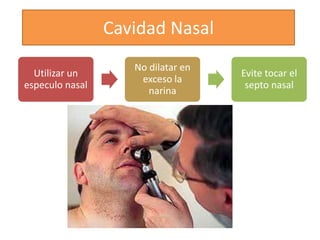 Cavidad Nasal
Utilizar un
especulo nasal
No dilatar en
exceso la
narina
Evite tocar el
septo nasal
 