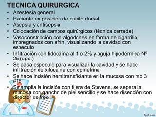TECNICA QUIRURGICA
• Anestesia general
• Paciente en posición de cubito dorsal
• Asepsia y antisepsia
• Colocación de campos quirúrgicos (técnica cerrada)
• Vasoconstricción con algodones en forma de cigarrillo,
impregnados con afrin, visualizando la cavidad con
especulo
• Infiltración con lidocaína al 1 o 2% y aguja hipodérmica Nº
25 (opc.)
• Se pasa especulo para visualizar la cavidad y se hace
infiltración de xilocaína con epinefrina
• Se hace incisión hemitransfixiante en la mucosa con mb 3
#15
• Se amplia la incisión con tijera de Stevens, se separa la
mucosa con gancho de piel sencillo y se hace disección con
disector de free
 
