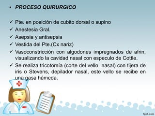 • PROCESO QUIRURGICO
✓ Pte. en posición de cubito dorsal o supino
✓ Anestesia Gral.
✓ Asepsia y antisepsia
✓ Vestida del Pte.(Cx nariz)
✓ Vasoconstricción con algodones impregnados de afrin,
visualizando la cavidad nasal con especulo de Cottle.
✓ Se realiza tricotomía (corte del vello nasal) con tijera de
iris o Stevens, depilador nasal, este vello se recibe en
una gasa húmeda.
 