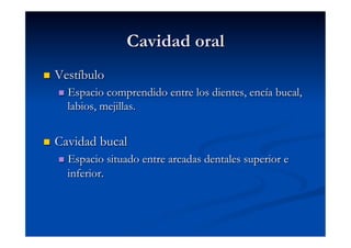Cavidad oral
    Vestíbulo
       Espacio comprendido entre los dientes, encía bucal,
       labios, mejillas.


    Cavidad bucal
       Espacio    situado entre arcadas dentales superior e
       inferior.
 