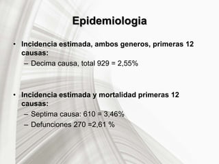 Epidemiologia
• Incidencia estimada, ambos generos, primeras 12
causas:
– Decima causa, total 929 = 2,55%
• Incidencia estimada y mortalidad primeras 12
causas:
– Septima causa: 610 = 3,46%
– Defunciones 270 =2,61 %
 