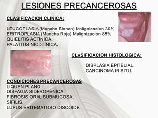 LESIONES PRECANCEROSAS
CLASIFICACION CLINICA:
LEUCOPLASIA (Mancha Blanca) Malignizacion 30%
ERITROPLASIA (Mancha Roja) Malignizacion 85%
QUIELITIS ACTÍNICA.
PALATITIS NICOTÍNICA.
CLASIFICACION HISTOLOGICA:
DISPLASIA EPITELIAL.
CARCINOMA IN SITU.
CONDICIONES PRECANCEROSAS
LIQUEN PLANO.
DISFAGIA SIDEROPÉNICA.
FIBROSIS ORAL SUBMUCOSA.
SÍFILIS.
LUPUS ERITEMATOSO DISCOIDE.
 