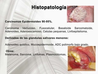Histopatología
Carcinomas Epidermoides 90-95%.
Carcinoma Verrucoso, Fusocelular, Basaloide Sarcomatoide,
Adenoideo, Adenoescamoso, Celulas pequenas, Linfoepitelioma.
Derivados de las glandulas salivares menores:
Adenoideo quistico, Mucoepidermoide, ADC polimorfo bajo grado.
Otros:
Melanoma, Sarcoma, Linfomas, Plasmocitomas.
 