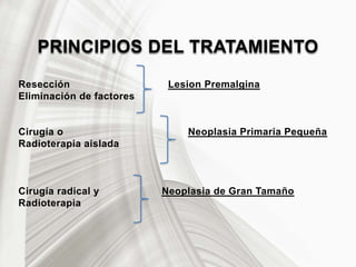 PRINCIPIOS DEL TRATAMIENTO
Resección Lesion Premalgina
Eliminación de factores
Cirugía o Neoplasia Primaria Pequeña
Radioterapia aislada
Cirugía radical y Neoplasia de Gran Tamaño
Radioterapia
 