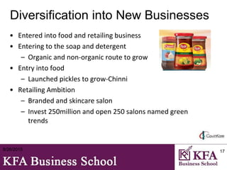 Diversification into New Businesses
• Entered into food and retailing business
• Entering to the soap and detergent
– Organic and non-organic route to grow
• Entry into food
– Launched pickles to grow-Chinni
• Retailing Ambition
– Branded and skincare salon
– Invest 250million and open 250 salons named green
trends
8/26/2015 17
 