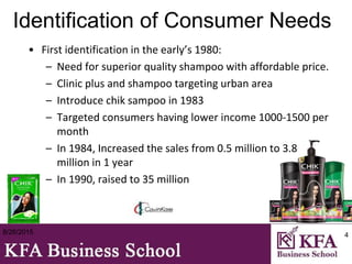Identification of Consumer Needs
• First identification in the early’s 1980:
– Need for superior quality shampoo with affordable price.
– Clinic plus and shampoo targeting urban area
– Introduce chik sampoo in 1983
– Targeted consumers having lower income 1000-1500 per
month
– In 1984, Increased the sales from 0.5 million to 3.8
million in 1 year
– In 1990, raised to 35 million
8/26/2015 4
 