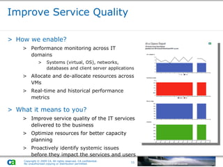 How we enable? Performance monitoring across IT domains  Systems (virtual, OS), networks, databases and client server applications Allocate and de-allocate resources across VMs Real-time and historical performance metrics What it means to you?  Improve service quality of the IT services delivered to the business Optimize resources for better capacity planning Proactively identify systemic issues before they impact the services and users Improve Service Quality 