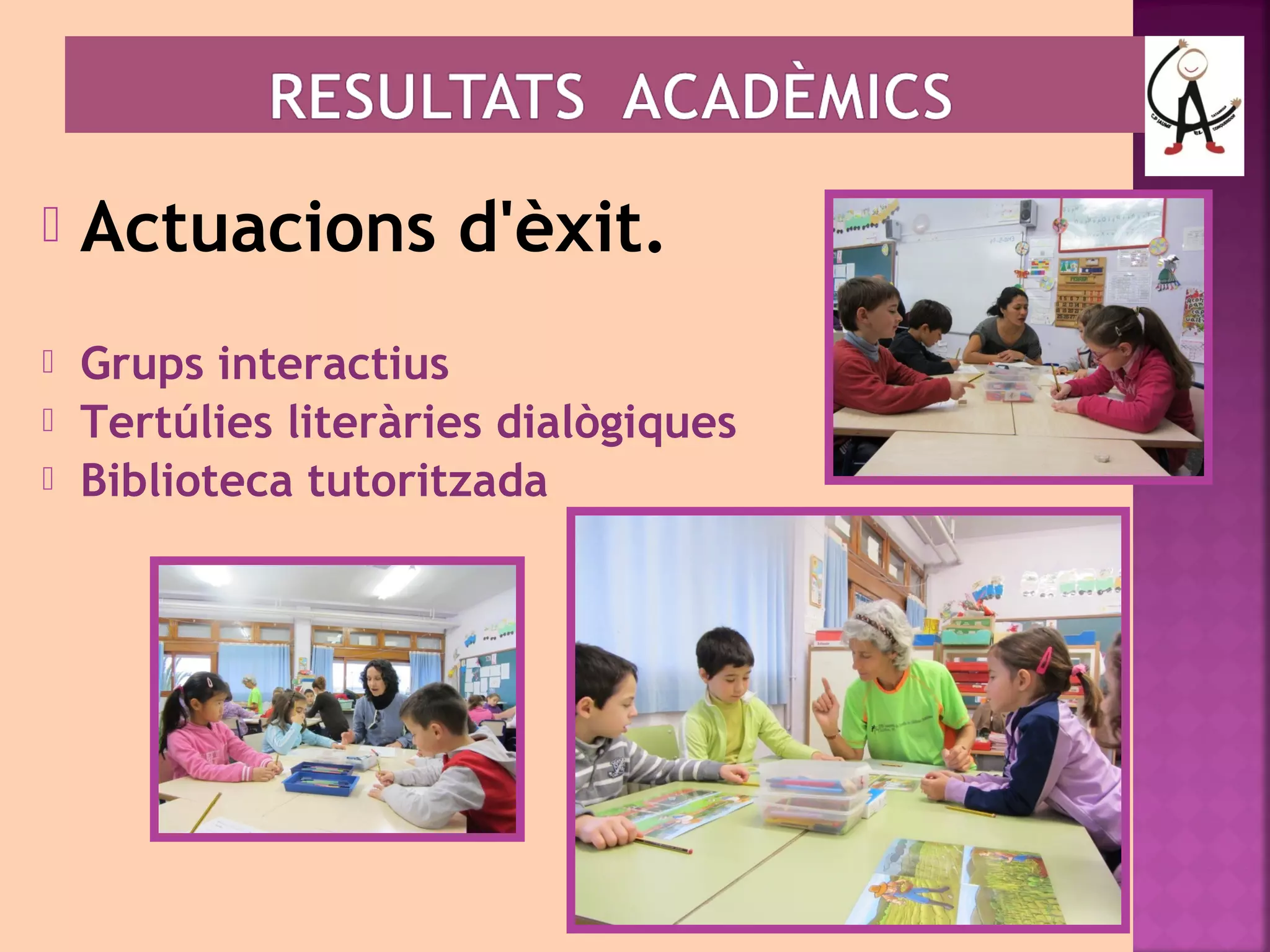  Actuacions d'èxit. 
 Grups interactius 
 Tertúlies literàries dialògiques 
 Biblioteca tutoritzada 
 
