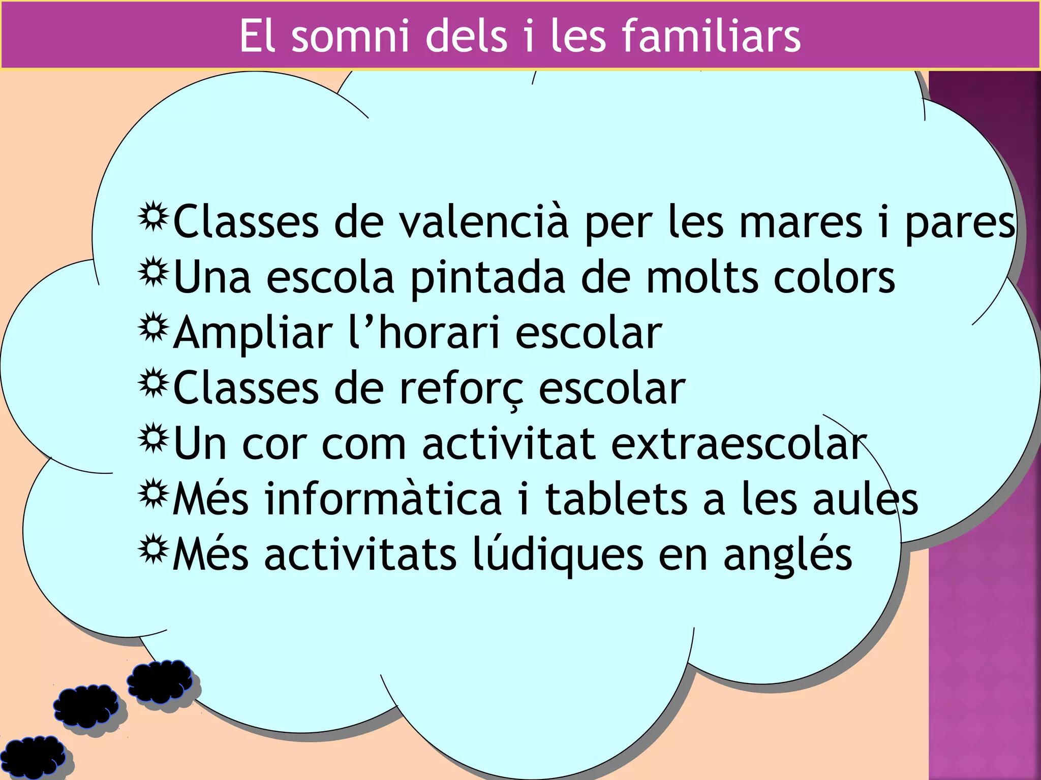 El somni dels i les familiars 
Classes de valencià per les mares i pares 
Una escola pintada de molts colors 
Ampliar l’horari escolar 
Classes de reforç escolar 
Un cor com activitat extraescolar 
Més informàtica i tablets a les aules 
Més activitats lúdiques en anglés 
 