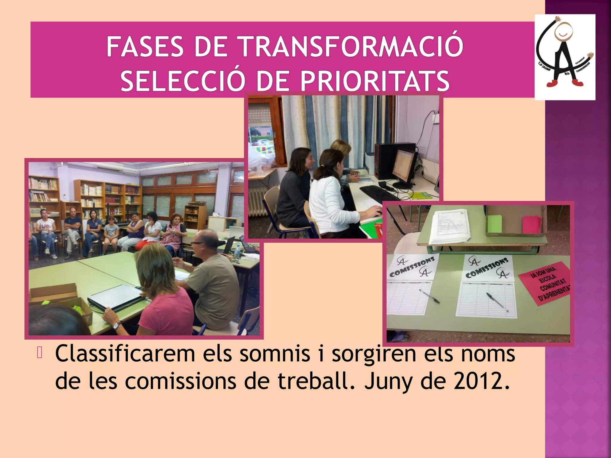  Classificarem els somnis i sorgiren els noms 
de les comissions de treball. Juny de 2012. 
 