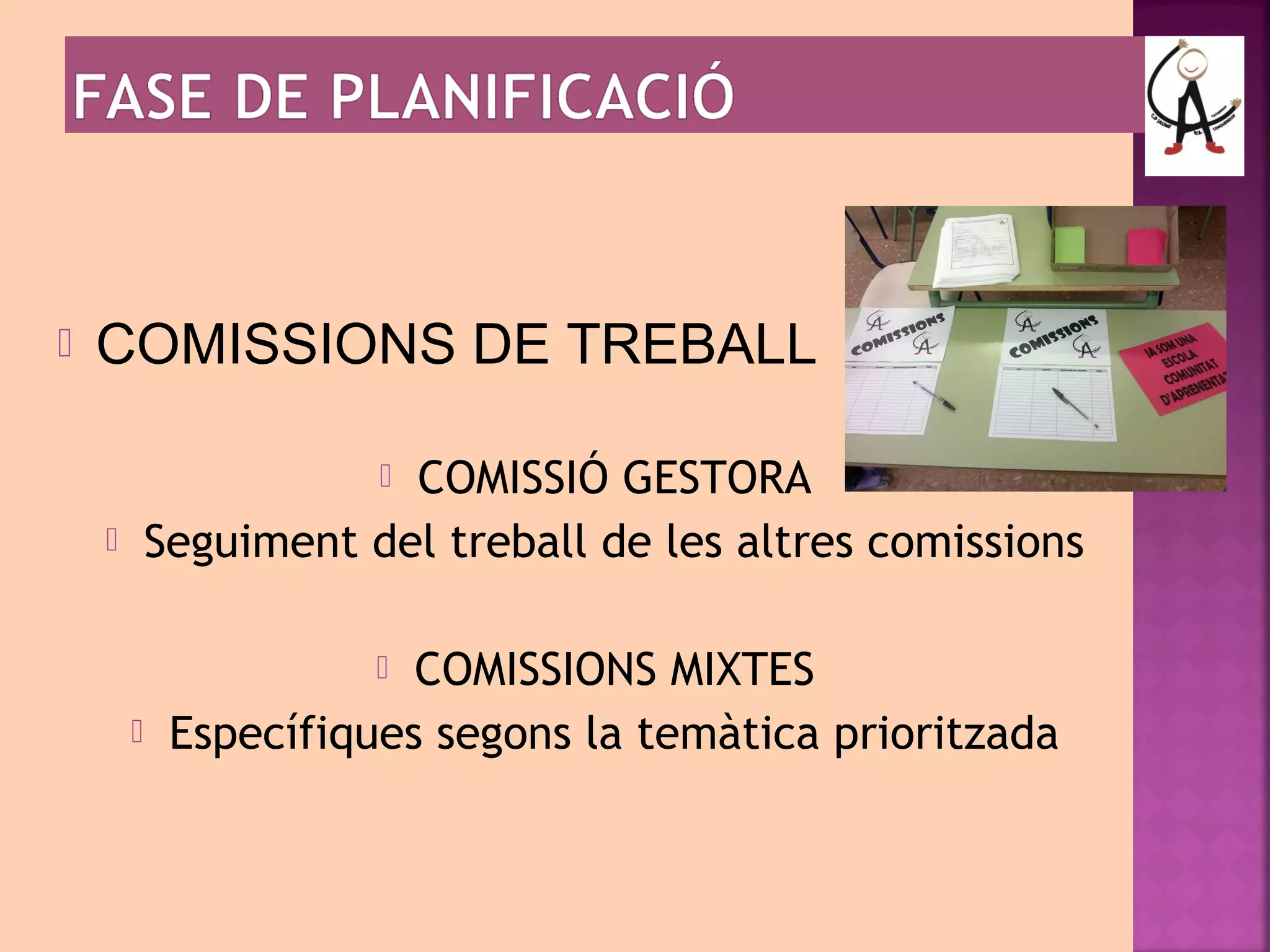 COMISSIONS DE TREBALL 
 COMISSIÓ GESTORA 
 Seguiment del treball de les altres comissions 
 COMISSIONS MIXTES 
 Específiques segons la temàtica prioritzada 
 