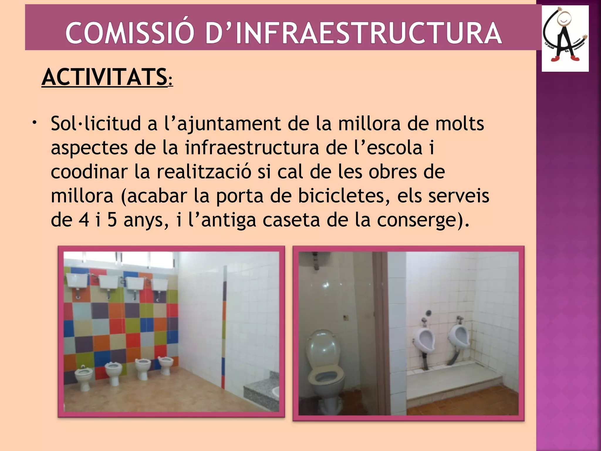 ACTIVITATS: 
• Sol·licitud a l’ajuntament de la millora de molts 
aspectes de la infraestructura de l’escola i 
coodinar la realització si cal de les obres de 
millora (acabar la porta de bicicletes, els serveis 
de 4 i 5 anys, i l’antiga caseta de la conserge). 
 