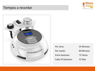 Tiempos a recordar
Por zona: 15 Minutos
Por sesión: 30 Minutos
Entre Sesiones: 72 Horas
Cada 10 Sesiones: 15 Días
 