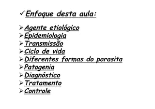 Ø Agente etiológico
Ø Epidemiologia
Ø Transmissão
Ø Ciclo de vida
Ø Diferentes formas do parasita
Ø Patogenia
Ø Diagnóstico
Ø Tratamento
Ø Controle
ü Enfoque desta aula:
 