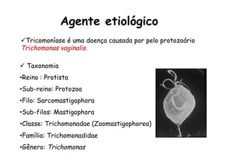 Agente etiológico
ü  Taxonomia
• Reino : Protista
• Sub-reino: Protozoa
• Filo: Sarcomastigophora
• Sub-filos: Mastigophora
• Classe: Trichomonadae (Zoomastigophorea)
• Família: Trichomonadidae
• Gênero: Trichomonas
ü Tricomoníase é uma doença causada por pelo protozoário
Trichomonas vaginalis.
 