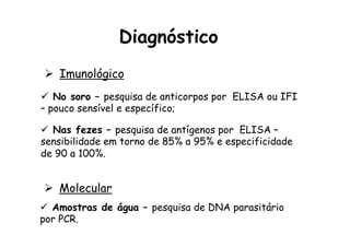 ü  No soro – pesquisa de anticorpos por ELISA ou IFI
– pouco sensível e específico;
ü  Nas fezes – pesquisa de antígenos por ELISA –
sensibilidade em torno de 85% a 95% e especificidade
de 90 a 100%.
ü  Amostras de água – pesquisa de DNA parasitário
por PCR.
Ø  Imunológico
Ø  Molecular
Diagnóstico
 
