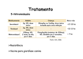 Tratamento	
  
Ø Resistência
Ø Vacina para giardíase canina
Fonte: SVS, 2006
5-Nitroimidazóis	
  
Meia vida
~17-29 hs
~12-13 hs
~ 7 hs
 