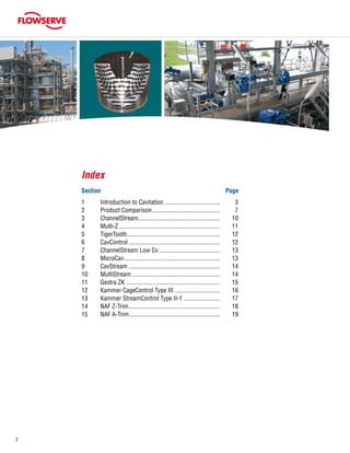 2
Index
Section							 Page
1	 Introduction to Cavitation ....................................	 3
2	 Product Comparison............................................	 7
3	 ChannelStream.....................................................	 10
4	 Multi-Z.................................................................	 11
5	 TigerTooth............................................................	 12
6	 CavControl...........................................................	 12
7	 ChannelStream Low Cv........................................	 13
8	 MicroCav..............................................................	 13
9	 CavStream...........................................................	 14
10	 MultiStream.........................................................	 14
11	 Gestra ZK ............................................................	 15
12	 Kammer CageControl Type III..............................	 16
13	 Kammer StreamControl Type II-1........................	 17
14	 NAF Z-Trim...........................................................	 18
15	 NAF A-Trim..........................................................	 19
 