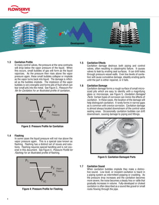 4
1.3	 Cavitation Profile
	 In many control valves, the pressure at the vena contracta
will drop below the vapor pressure of the liquid. When
this occurs, small bubbles of gas will form as the liquid
vaporizes. As the pressure then rises above the vapor
pressure again, these small bubbles collapse or implode
as the vapor turns back into liquid. The damage is inflict-
ed as the bubbles implode. The implosion of the vapor
bubbles is very energetic and forms jets of fluid which can
tear small pits into the metal. See Figure 3, Pressure Pro-
file for Cavitation, for an illustrated profile of cavitation.
1.7	 Cavitation Sound
	 When cavitation bubbles implode they make a distinc-
tive sound. Low level, or incipient cavitation is heard in
a piping system as intermittent popping or crackling. As
the pressure drop increases and the cavitation becomes
more severe, the noise becomes a steady hiss or rattle that
gradually increases in volume. Fully-developed or choked
cavitation is often described as a sound like gravel or small
rocks flowing through the pipe.
1.4	 Flashing
	 In some cases the liquid pressure will not rise above the
vapor pressure again. This is a special case known as
flashing. Flashing has a distinct set of issues and solu-
tions. Flashing requires special handling and is not cov-
ered in this document. See Figure 4, Pressure Profile for
Flashing, for an illustrated profile of flashing.
Figure 3: Pressure Profile for Cavitation
1.5	 Cavitation Effects
	 Cavitation damage destroys both piping and control
valves, often resulting in catastrophic failure. It causes
valves to leak by eroding seat surfaces. It can drill holes
through pressure vessel walls. Even low levels of cavita-
tion will cause cumulative damage, steadily eroding parts
until the part is either repaired, or it fails.
1.6	 Cavitation Damage
	 Cavitation damage forms a rough surface of small micro-
sized pits which are easy to identify with a magnifying
glass or microscope, see Figure 5, Cavitation Damaged
Parts. Certain types of corrosion can mimic the effects of
cavitation. In these cases, the location of the damage will
help distinguish cavitation. It rarely forms in narrow gaps
as is common with crevice corrosion. Cavitation damage
is almost always located downstream of the control valve
seating areas. Occasionally cavitation bubbles can drift
downstream, causing damage to piping and fittings.
Figure 4: Pressure Profile for Flashing
Figure 5: Cavitation Damaged Parts
Conception
Development
Manufacture
 