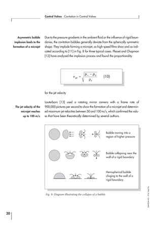 Due to the pressure gradients in the ambient fluid or the influence of rigid boun-
daries, the cavitation bubbles generally deviate from the spherically symmetric
shape. They implode forming a microjet, as high-speed films show and as indi-
cated according to [11] in Fig. 8 for three typical cases. Plesset and Chapman
[12] have analyzed the implosion process and found the proportionality
for the jet velocity
Lauterborn [13] used a rotating mirror camera with a frame rate of
900,000 pictures per second to show the formation of a microjet and determin-
ed maximum jet velocities between 50 and 100 m/s, which confirmed the valu-
es that have been theoretically determined by several authors.
20
Control Valves ⋅ Cavitation in Control Valves
SAMSONAG⋅V74/Dob/Zin
v
p p
jet
V
F
≈
−∞
ρ
(10)
The jet velocity of the
microjet reaches
up to 100 m/s
Asymmetric bubble
implosion leads to the
formation of a microjet
Fig. 8: Diagram illustrating the collapse of a bubble
Bubble moving into a
region of higher pressure
Bubble collapsing near the
wall of a rigid boundary
Hemispherical bubble
clinging to the wall of a
rigid boundary
 