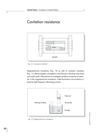 Cavitation resistance
Magnetostrictive transducers (Fig. 12) as well as cavitation chambers
(Fig. 11), electromagnetic, piezoelectric and ultrasonic vibrating instruments
are mostly used in laboratories to investigate cavitation resistance of materi-
als. In the magnetostrictive transducer, nickel laminations are excited to vi-
brate by high-frequency alternating currents.
30
Control Valves ⋅ Cavitation in Control Valves
SAMSONAG⋅V74/Dob/Zin
Fig. 11: Cavitation chamber
Fig. 12: Magnetostrictive transducer
Heating/cooling
Field coil
Sample
Sonotrode
Sample
 