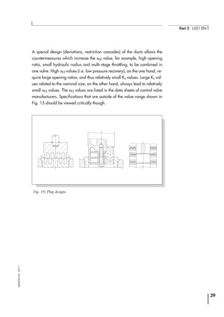 A special design (deviations, restriction cascades) of the ducts allows the
countermeasures which increase the xFZ value, for example, high opening
ratio, small hydraulic radius and multi-stage throttling, to be combined in
one valve. High xFZ values (i.e. low pressure recovery), on the one hand, re-
quire large opening ratios, and thus relatively small Kv values. Large Kv val-
ues related to the nominal size, on the other hand, always lead to relatively
small xFZ values. The xFZ values are listed in the data sheets of control valve
manufacturers. Specifications that are outside of the value range shown in
Fig. 15 should be viewed critically though.
39
Part 3 ⋅ L351 EN
SAMSONAG⋅03/11
Fig. 19: Plug designs
 