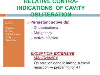 RELATIVE CONTRA-
INDICATIONS OF CAVITY
OBLITERATION
BOX-2:
Relative
Contra-
Indications of
cavity
obliteration
 Persistent active ds:
 Cholesteatoma
 Malignancy
 Active infection
EXCEPTION- EXTENSIVE
MALIGNANCY
Obliteration done following subtotal
resection --- preparing for RT
 