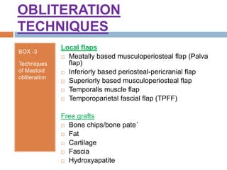 OBLITERATION
TECHNIQUES
BOX -3
Techniques
of Mastoid
obliteration
Local flaps
 Meatally based musculoperiosteal flap (Palva
flap)
 Inferiorly based periosteal-pericranial flap
 Superiorly based musculoperiosteal flap
 Temporalis muscle flap
 Temporoparietal fascial flap (TPFF)
Free grafts
 Bone chips/bone pate´
 Fat
 Cartilage
 Fascia
 Hydroxyapatite
 