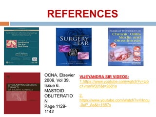 OCNA, Elsevier
2006, Vol 39.
Issue 6.
MASTOID
OBLITERATIO
N
Page 1129-
1142
REFERENCES
VIJEYANDRA SIR VIDEOS:
1.https://www.youtube.com/watch?v=Up
c1vmnW3jY&t=2681s
2.
https://www.youtube.com/watch?v=Hncu
-0uP_As&t=1557s
 