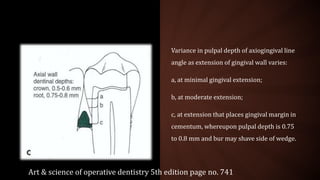 Variance in pulpal depth of axiogingival line
angle as extension of gingival wall varies:
a, at minimal gingival extension;
b, at moderate extension;
c, at extension that places gingival margin in
cementum, whereupon pulpal depth is 0.75
to 0.8 mm and bur may shave side of wedge.
Art & science of operative dentistry 5th edition page no. 741
 