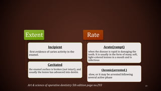 Extent
Incipient
first evidence of caries activity in the
enamel.
Cavitated
the enamel surface is broken (not intact), and
usually the lesion has advanced into dentin.
Rate
Acute(rampt)
when the disease is rapid in damaging the
tooth. It is usually in the form of many, soft,
light-colored lesions in a mouth and is
infectious
Chronic(arrested )
slow, or it may be arrested following
several active phase
19Art & science of operative dentistry 5th edition page no.293
 